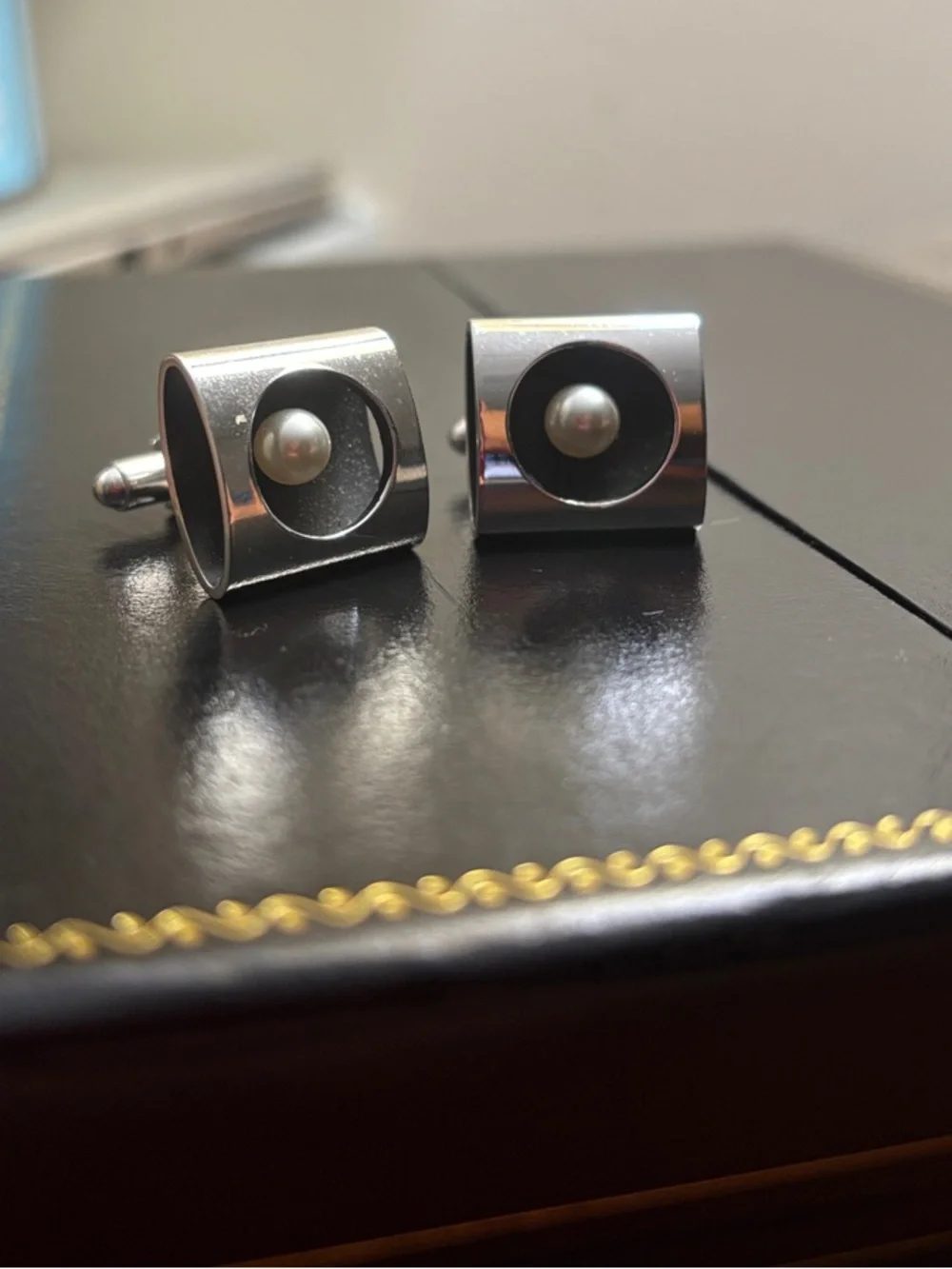 Silver Tone Square Cufflinks with Pearl Accent